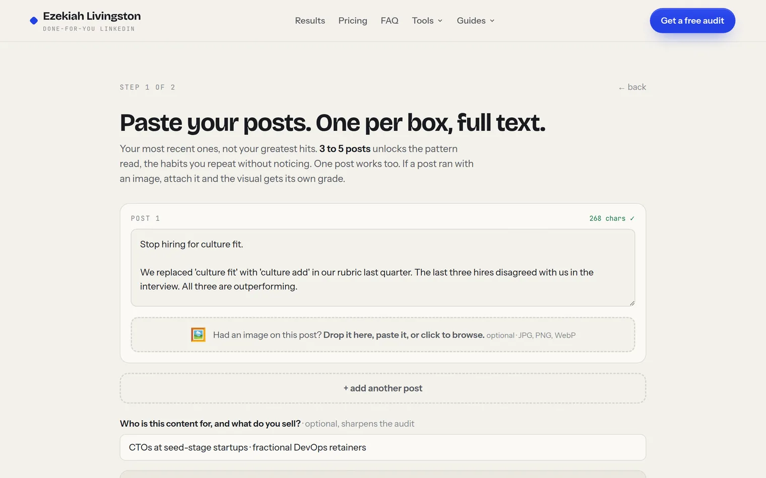 The Content Audit paste screen: a post pasted into its box, a wide dashed image drop zone below it, and the optional audience line filled in