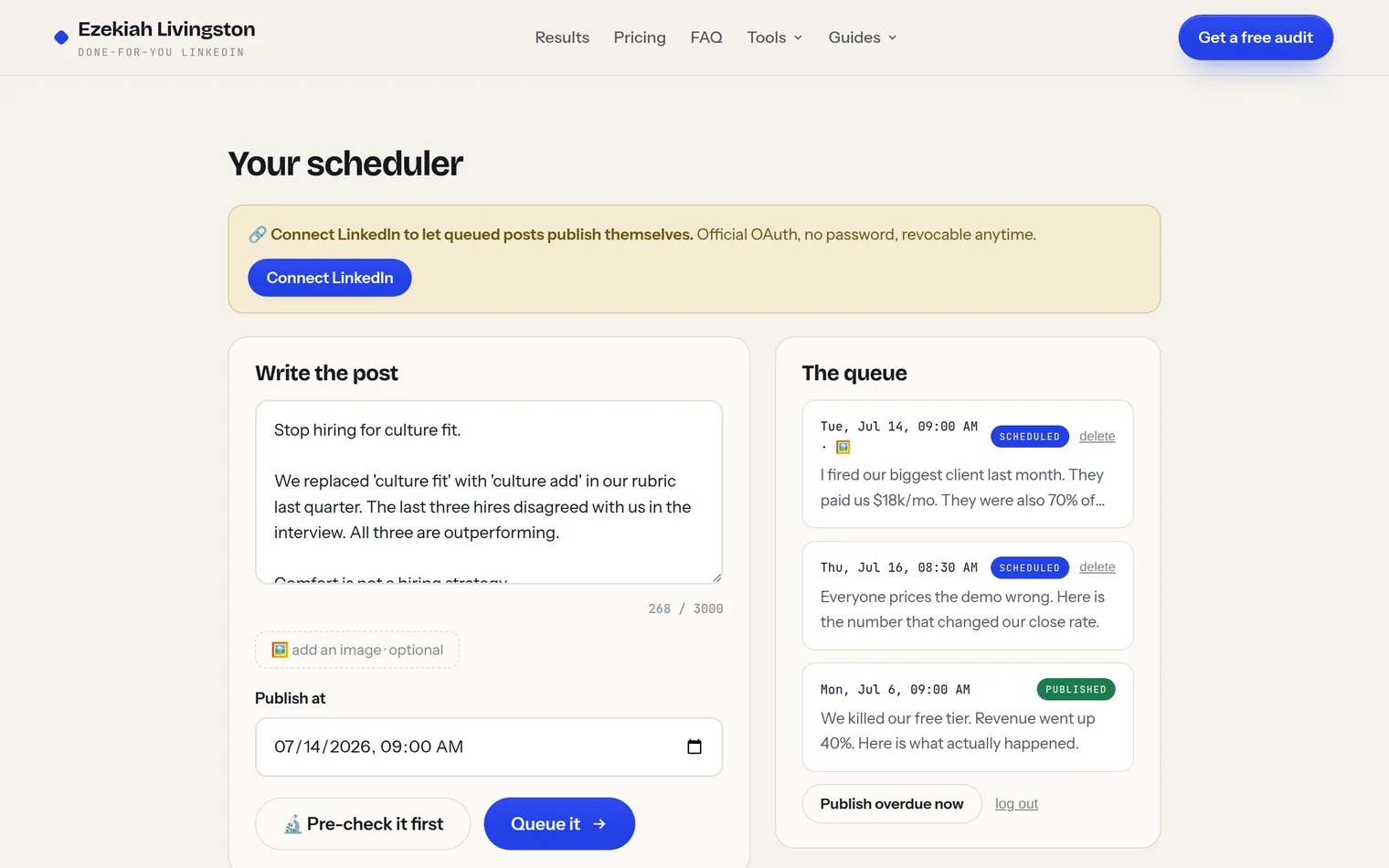 The scheduler app: composer with a written post and character counter on the left, the queue with scheduled and published posts on the right, and a Connect LinkedIn banner on top