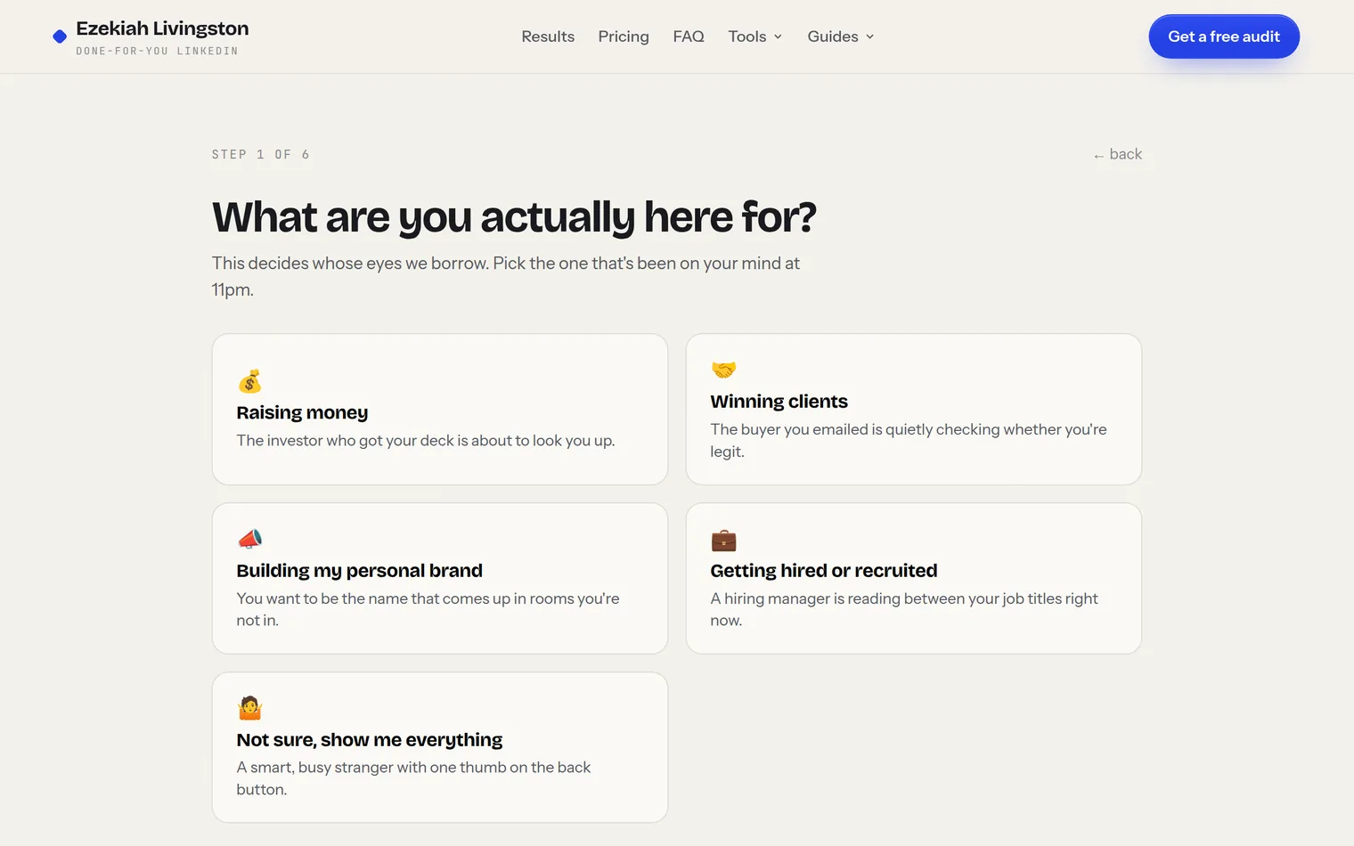 The 8-Second Test intent screen asking what you're here for, with options like raising money
