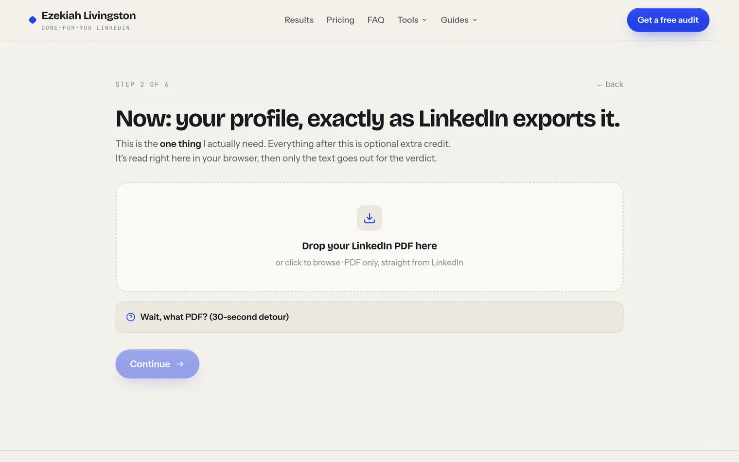 The PDF upload screen with a drop area and the three-step instructions for exporting your profile from LinkedIn